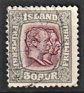 FRIMÆRKER ISLAND | 1907 - AFA 59 - Chr. IX og Frederik VIII - 50 aur grå/lillarød tk. 12 3/4 - Stemplet